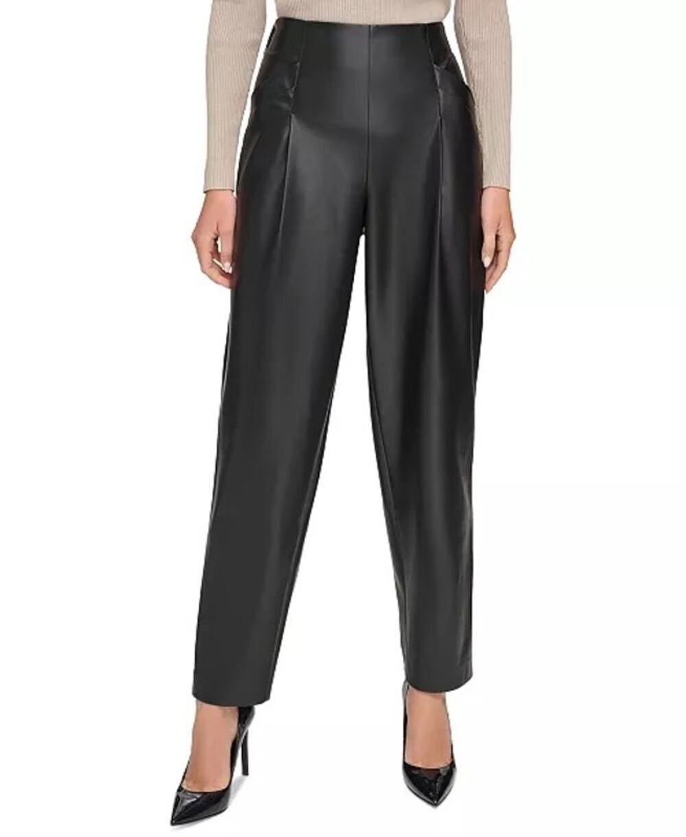 DKNY Black Faux Leather High Rise Pleated Tapered Ankle Pants XS NWT